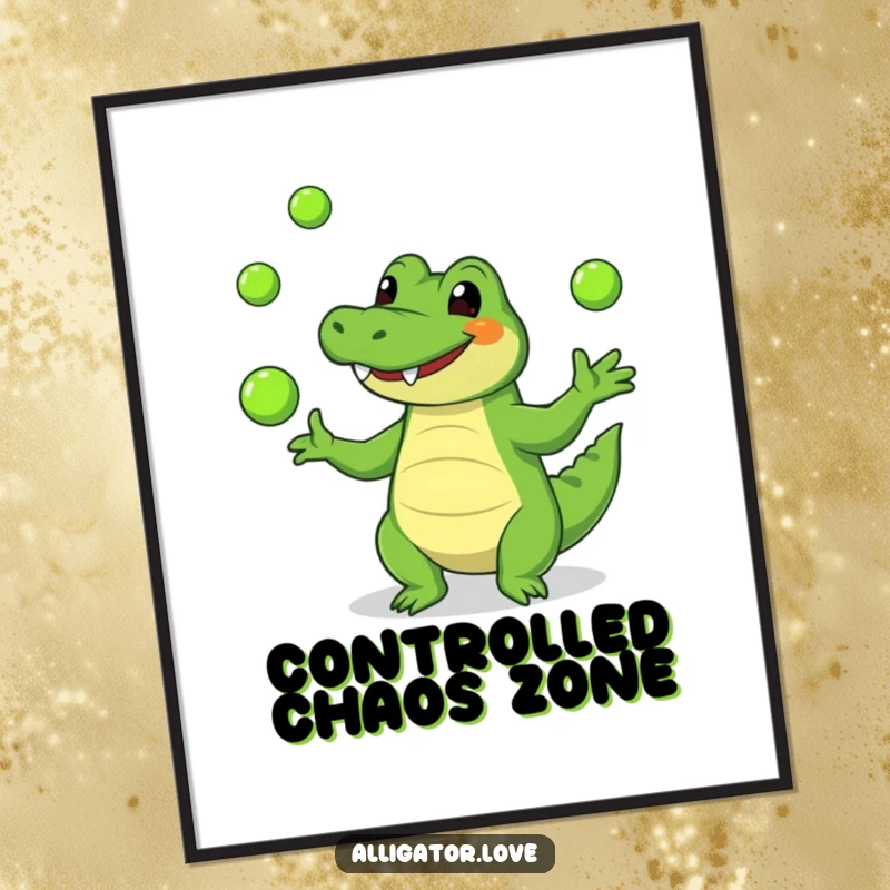 Funny alligator poster showcasing a happy reptile mid-juggle with green balls, adding vibrant humor to any wall.