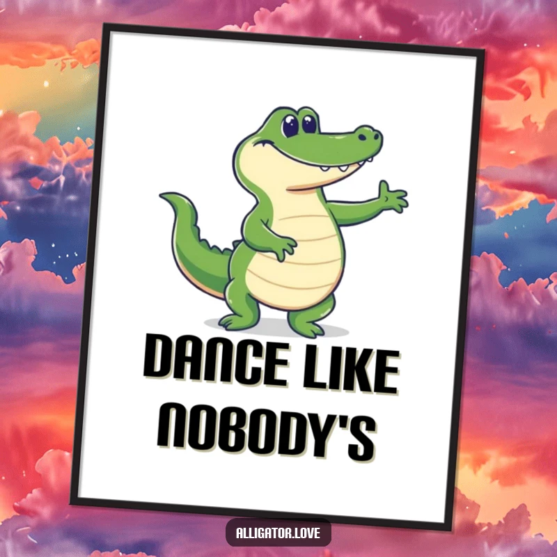 Funny grinning alligator dancing joyfully, tail wagging, a humorous and lively poster.