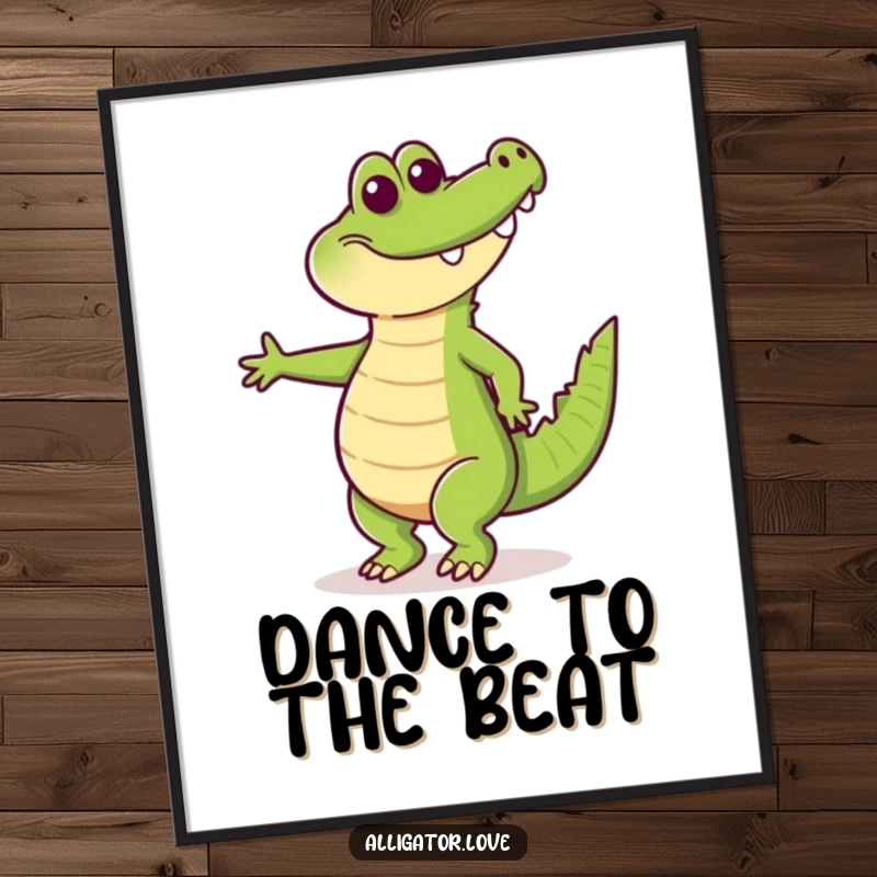 Funny poster showcasing a happy alligator in a lively dance pose with its tail wagging, full of movement and energy.