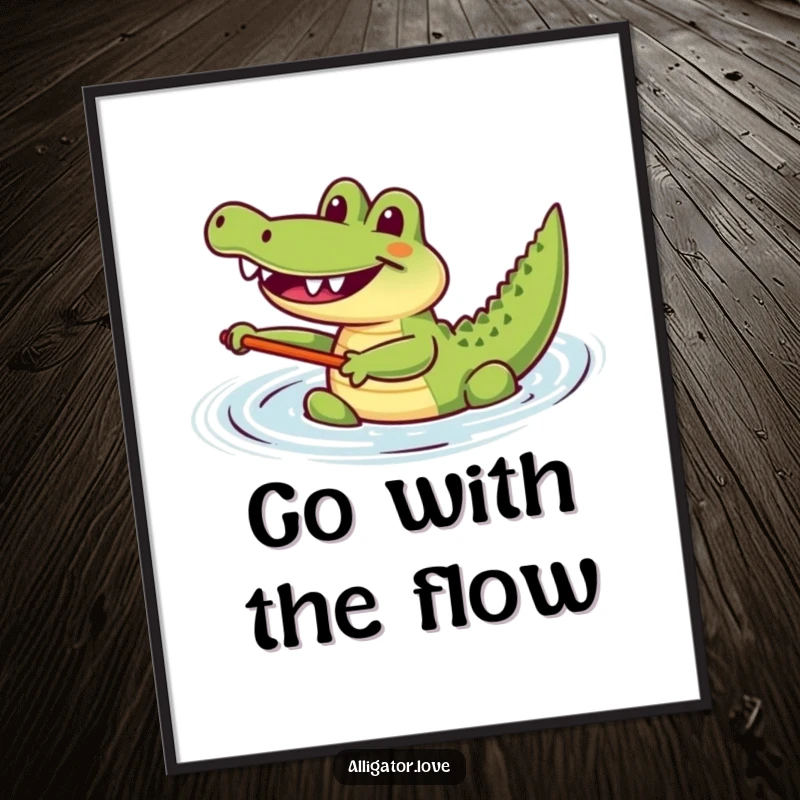 Funny joyful alligator happily paddling in the water, a humorous and cheerful poster.