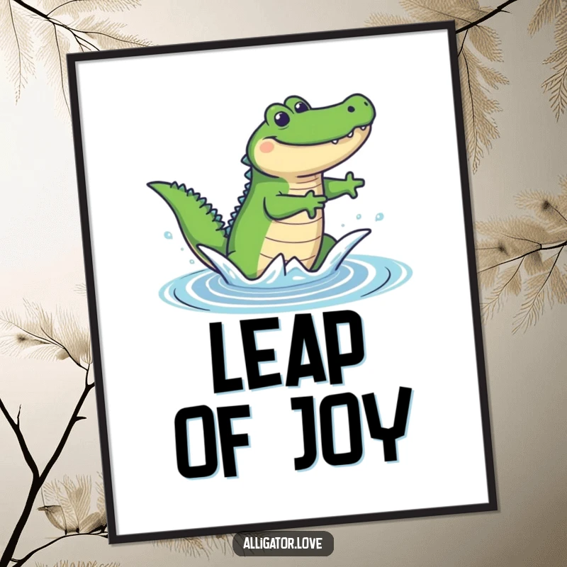 Funny poster of a happy alligator making an energetic leap out of water, showcasing a wide smile and splashing water.