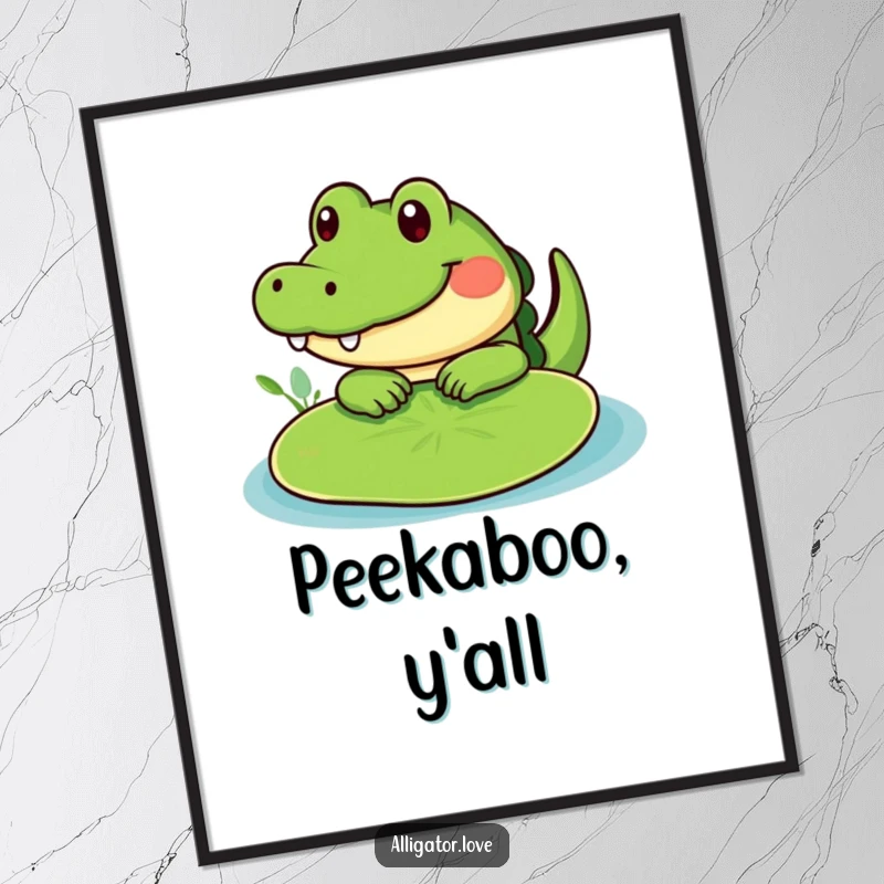 Funny cute alligator peeking from behind a lily pad, a humorous and charming poster.