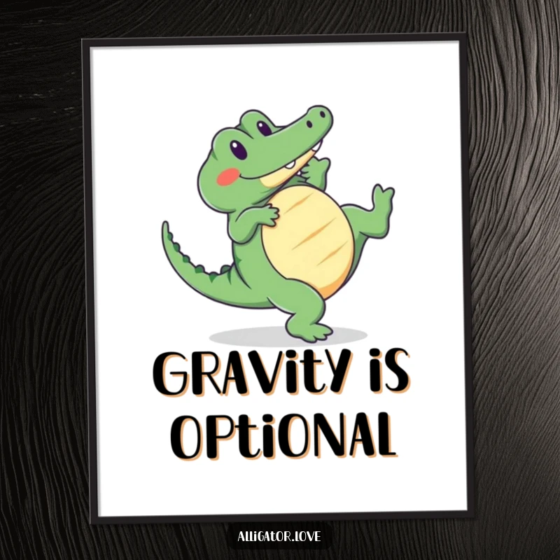 Funny alligator poster capturing a cute reptile doing a cartwheel with a wide smile, adding charm to walls.