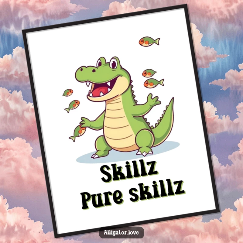 Funny alligator skillfully juggling small fish with its snout, a humorous and artistic poster.