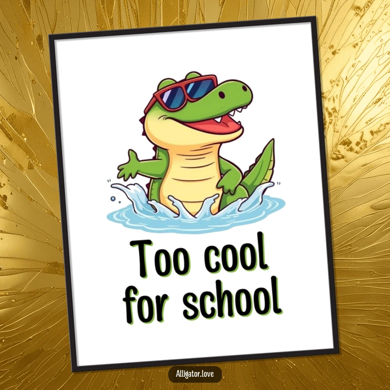 Funny alligator in sunglasses, splashing water playfully, a delightful and humorous poster for wall decor.