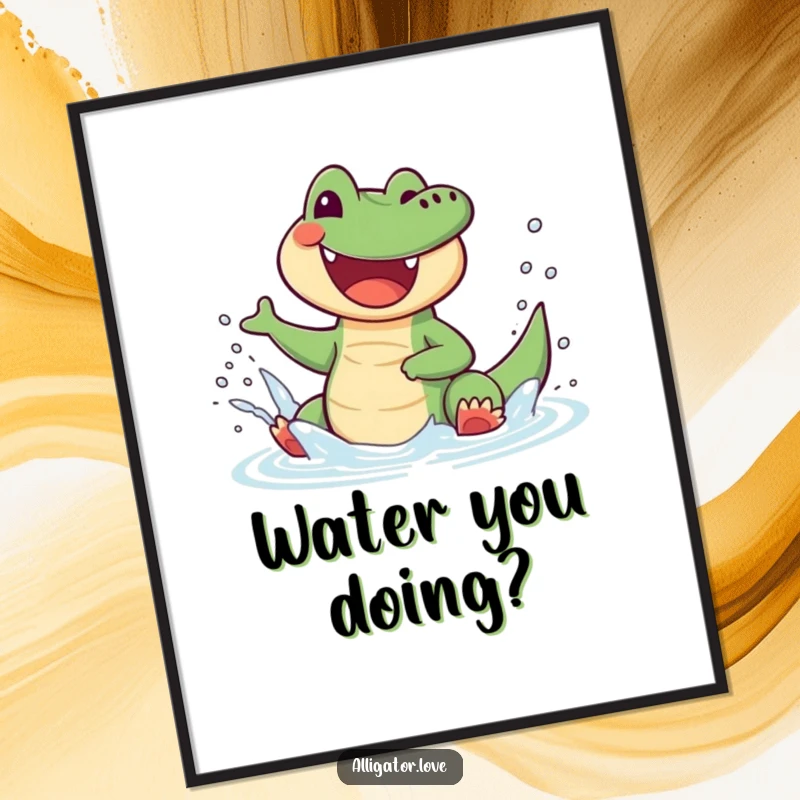 Funny alligator poster capturing a joyful reptile splashing water with glee, adding vibrant humor to walls.