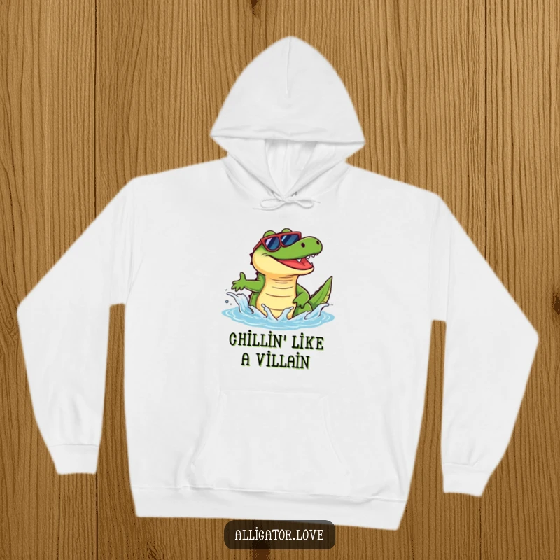 Funny alligator wearing sunglasses, executing a playful splash, ideal for a cozy and humorous hoodie.