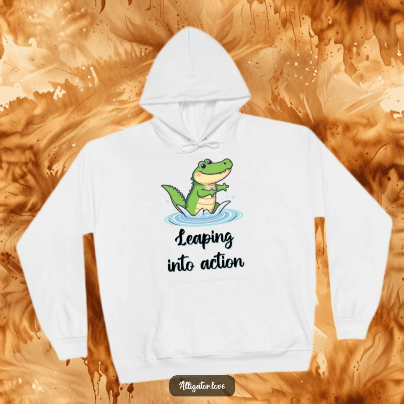 Funny hoodie featuring a happy alligator mid-leap from blue water, conveying energetic joy and a playful personality.