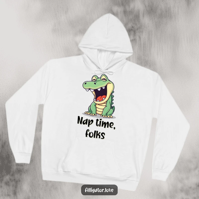 Funny hoodie featuring a large, playful yawn from a mischievous alligator, conveying a relaxed yet cheeky personality.
