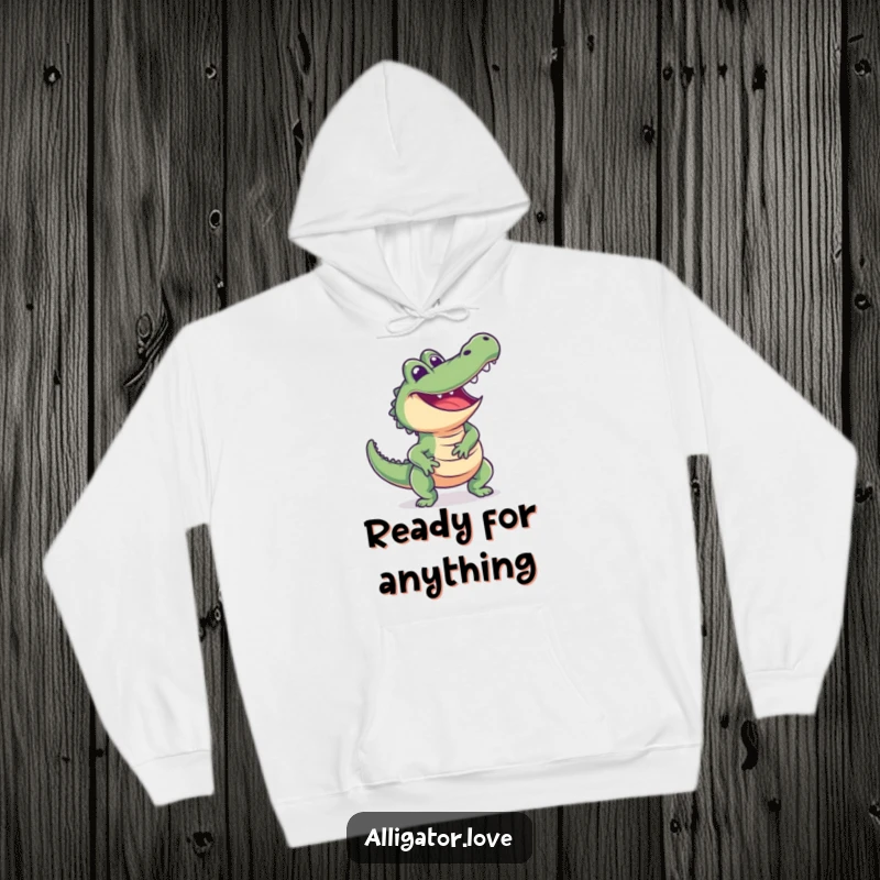 Funny alligator hoodie depicting an excited reptile lunging playfully with a happy expression, offering warmth and humor.