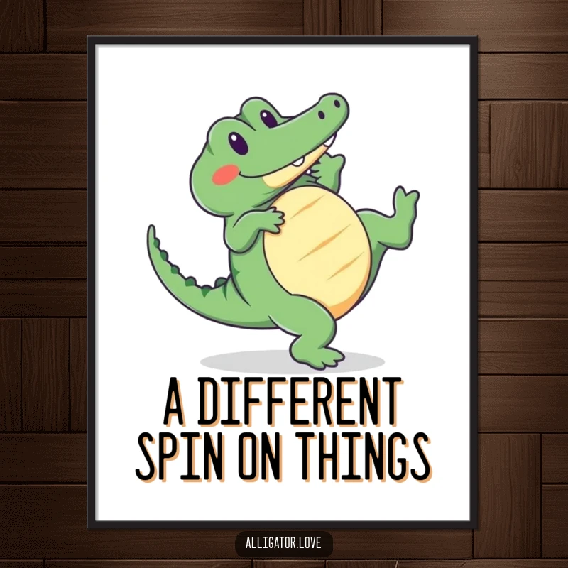 Funny Free Printable Wall Art: a cute alligator performs a cartwheel with a happy smile, adding whimsy and humor.