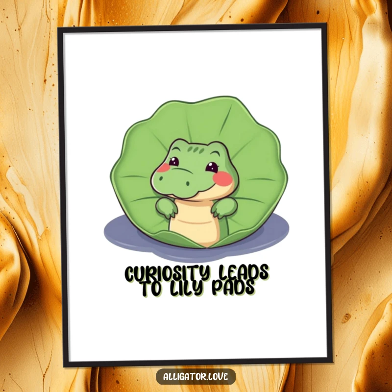 Funny Free Printable Wall Art: An inquisitive alligator peeking from the cover of a large, lush lily pad.