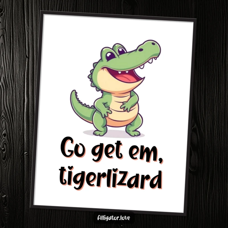 Funny Free Printable Wall Art: an excited alligator lunges playfully with a happy expression, a dynamic and humorous piece.