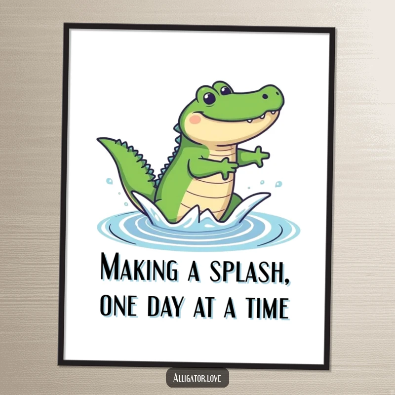 Funny Free Printable Wall Art: A vibrant illustration of an alligator leaping energetically from blue water with joy.