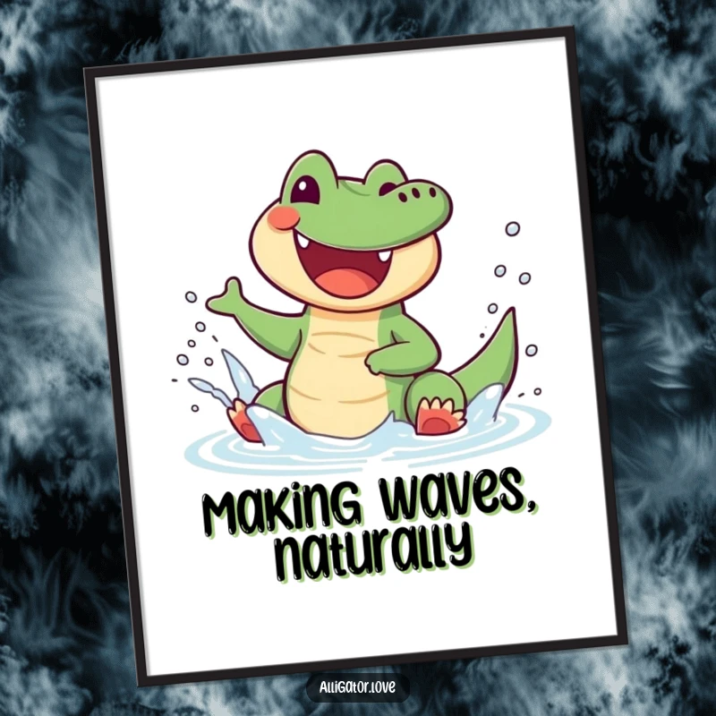 Funny Free Printable Wall Art: a joyful alligator splashes water with glee, a lively and humorous decorative piece.