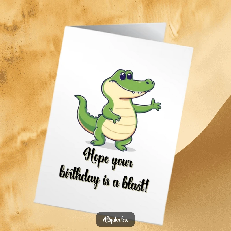 Funny Free Printable Birthday Card: A grinning alligator performs a silly dance, tail wagging with pure joy.