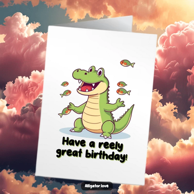 Funny Free Printable Birthday Card: A cheerful alligator skillfully juggles tiny fish with its snout.