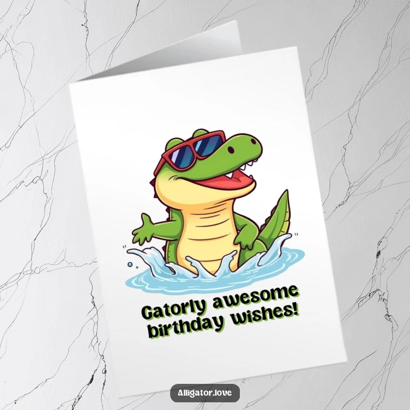 Funny Free Printable Birthday Card featuring a happy alligator in sunglasses making a playful splash, ready for a fun celebration.