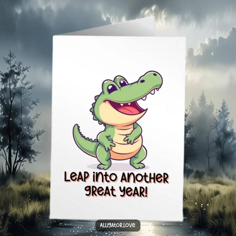 Funny Free Printable Birthday Card: an excited alligator lunges playfully with a huge smile, ideal for a humorous DIY gift.