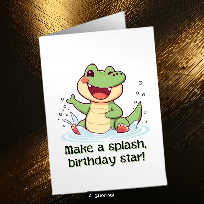 Funny Free Printable Birthday Card: a joyful alligator gleefully splashes water, a fun and humorous DIY gift.