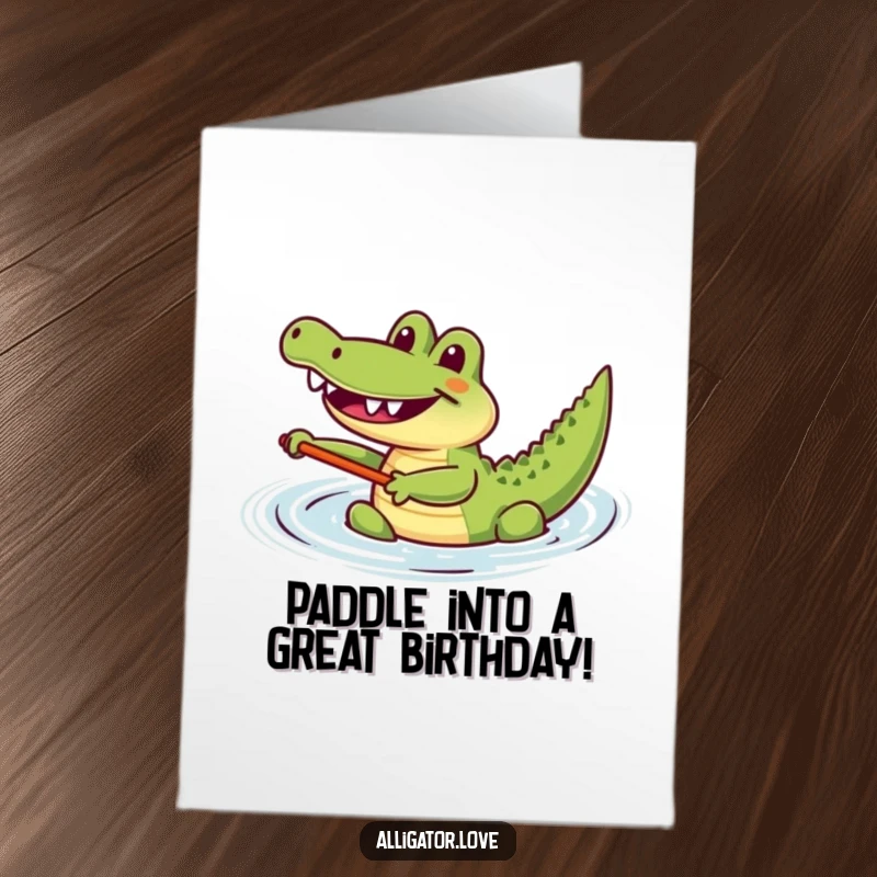 Funny Free Printable Birthday Card: A joyful alligator paddles happily through the water with a big smile.