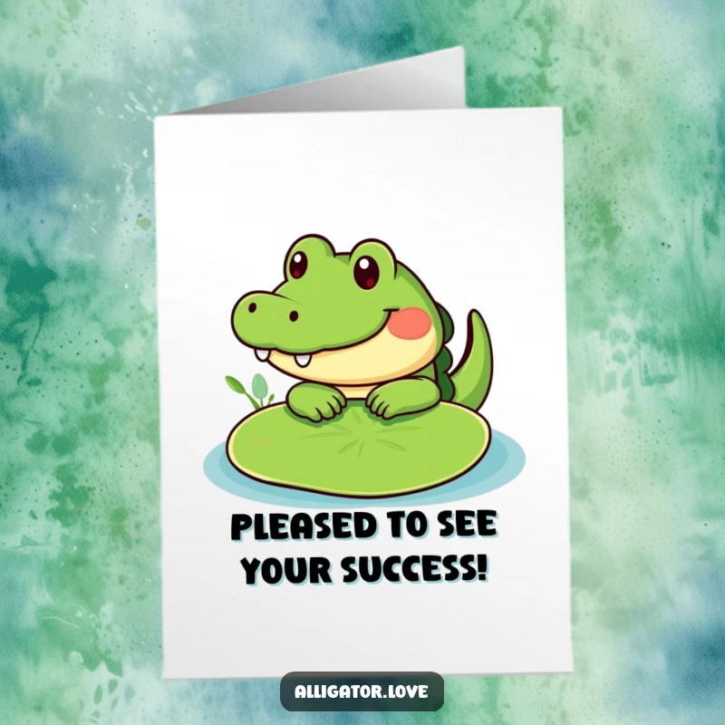 Funny Free Printable Congratulations Card: A cute alligator peeks shyly from behind a lily pad, celebrating success.