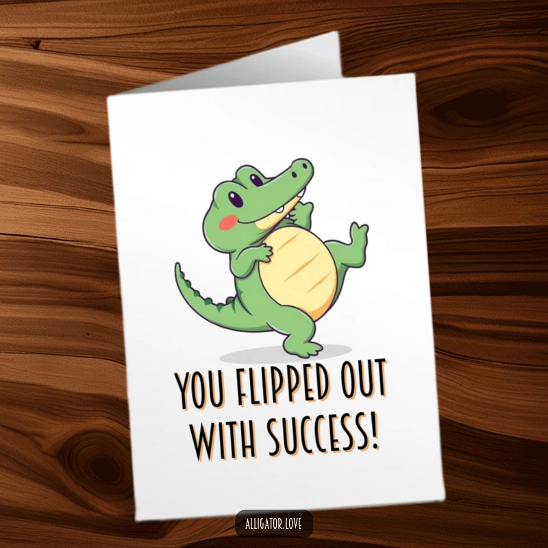 Funny Free Printable Congratulations Card: a cute alligator does a happy cartwheel, a whimsical and humorous DIY gift.