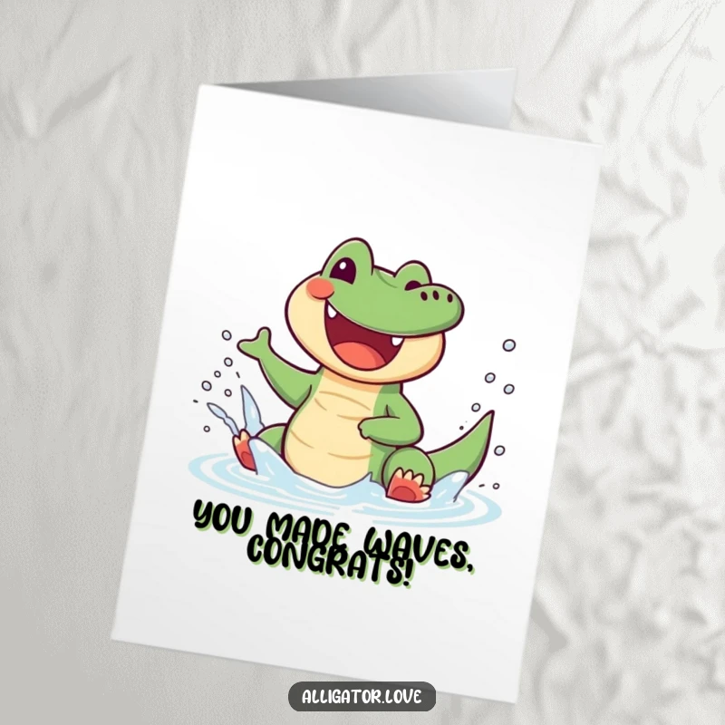 Funny Free Printable Congratulations Card: a joyful alligator splashes water with glee, a splashy and humorous DIY gift.