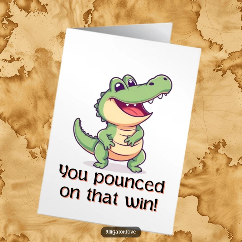 Funny Free Printable Congratulations Card: an excited alligator lunges forward happily, a dynamic and humorous DIY gift.