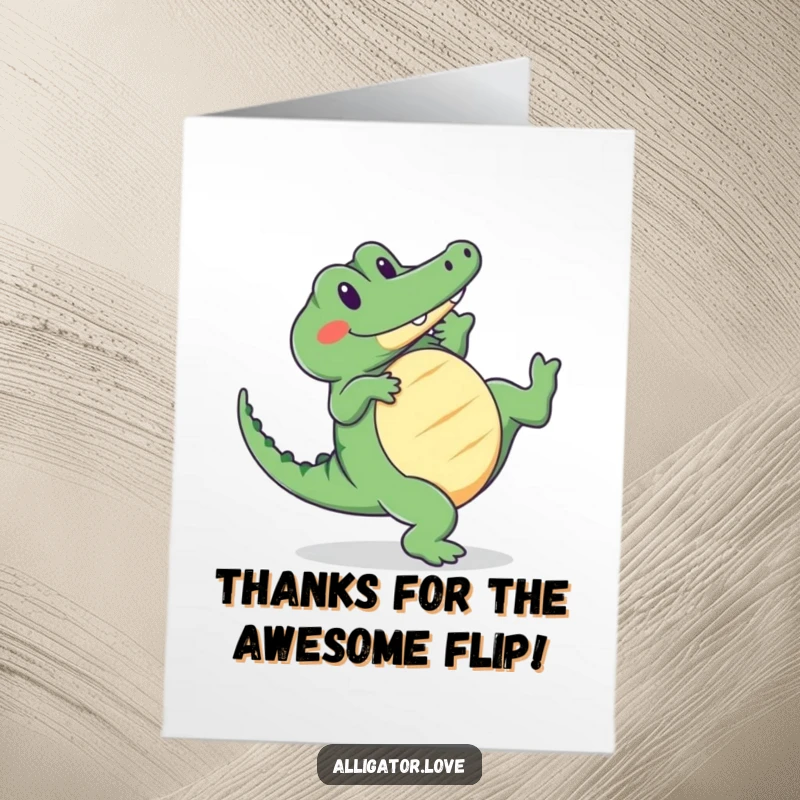Funny Free Printable Thank You Card: a cute alligator smiles while doing a cartwheel, a charming and humorous DIY gift.