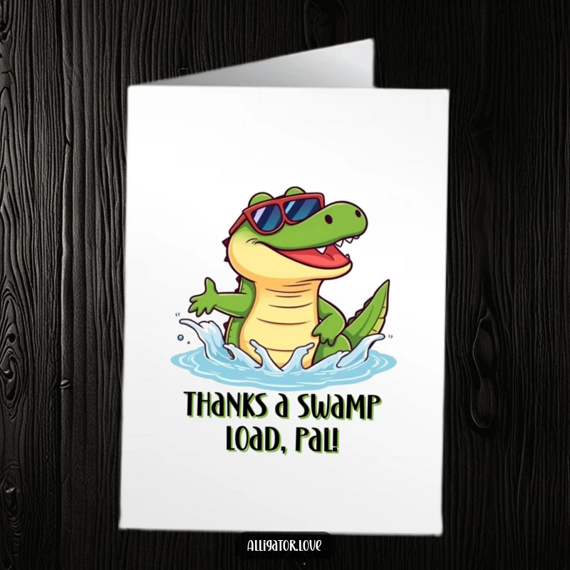 Funny Free Printable Thank You Card: A cool alligator with sunglasses makes a playful splash, expressing thanks.