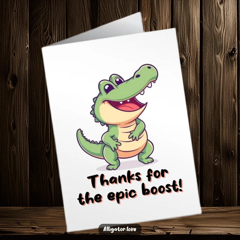 Funny Free Printable Thank You Card: a happy alligator lunges forward playfully, a unique and humorous DIY gift.