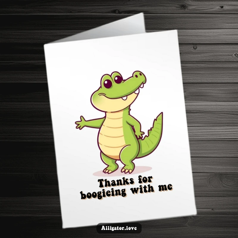Funny Free Printable Thank You Card: A giddy alligator performing a joyful dance with its tail swaying.
