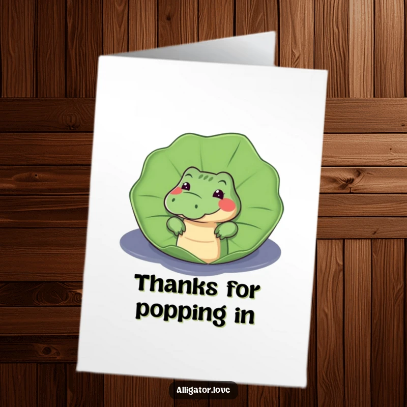 Funny Free Printable Thank You Card: An alligator with wide eyes, peeking slyly from behind a lily pad.