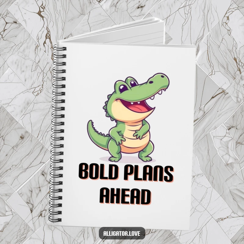 Funny alligator notebook with an excited reptile lunging playfully and smiling, ideal for notes and ideas.