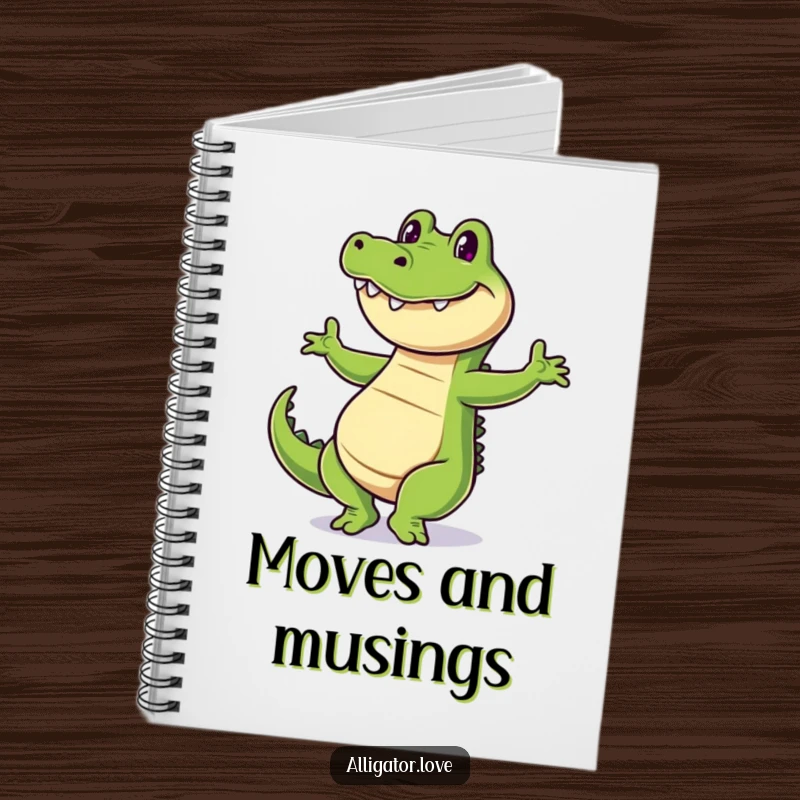 Funny alligator notebook with a cheerful reptile dancing and grinning, ideal for writing and doodling.