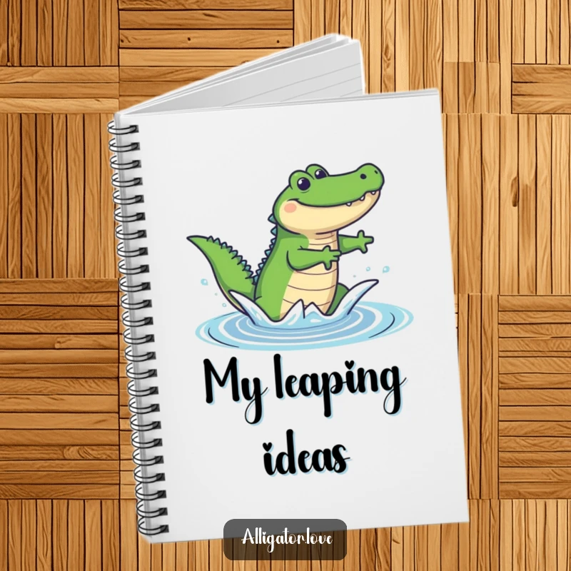 Funny notebook cover featuring a joyful alligator leaping out of water, designed to inspire creativity and smiles.