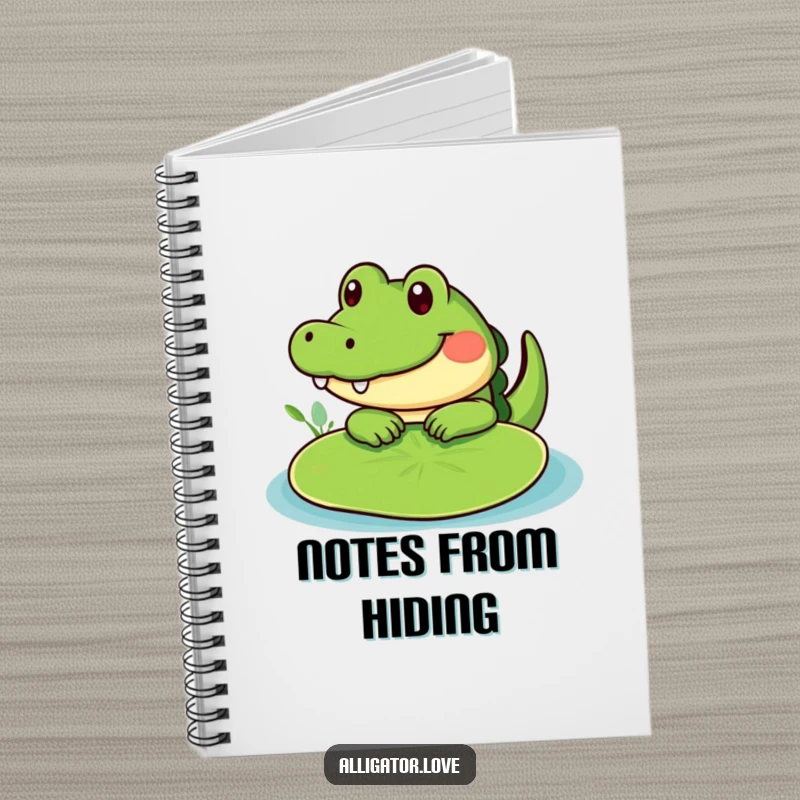 Funny cute alligator peeking from behind a lily pad, a humorous notebook for sweet ideas.