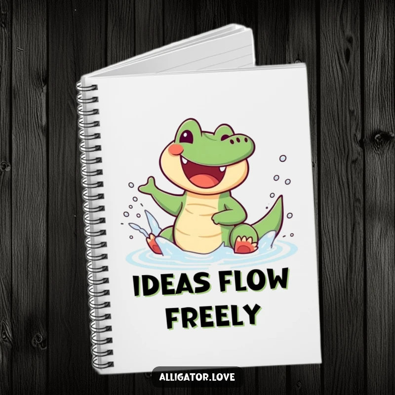 Funny alligator notebook with a joyful reptile splashing water and smiling, ideal for notes and doodles.