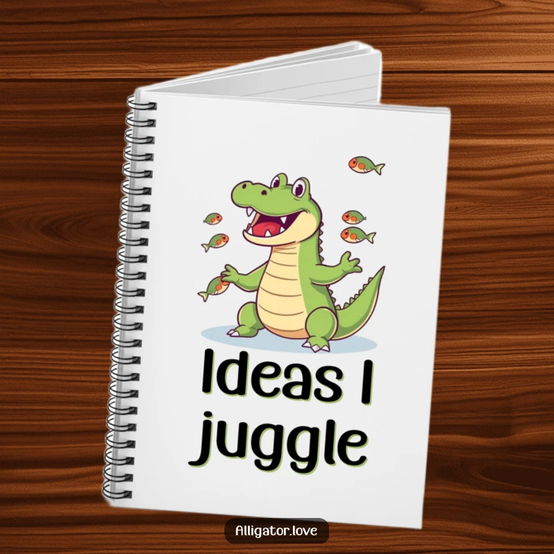 Funny alligator juggling fish with its snout, a humorous notebook for creative minds.