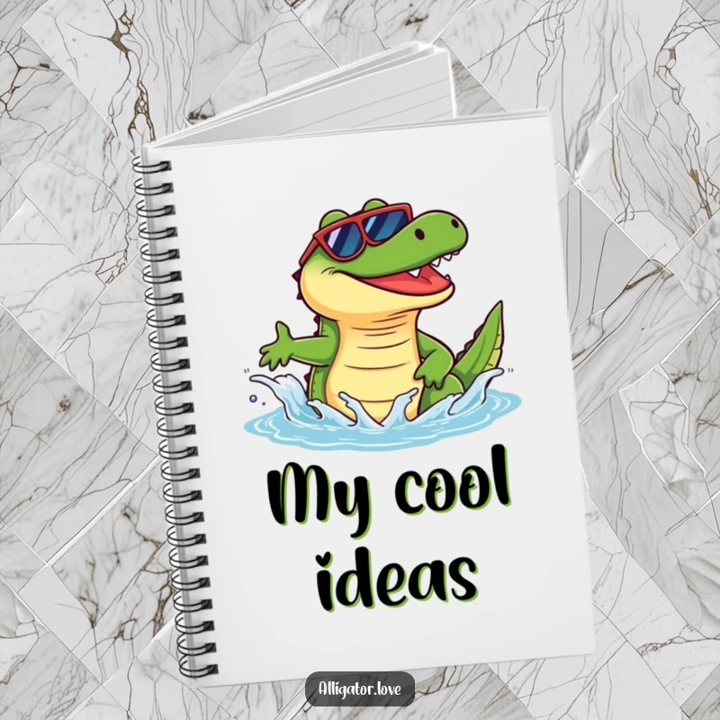 Funny alligator wearing sunglasses, splashing water, a humorous notebook for creative minds.