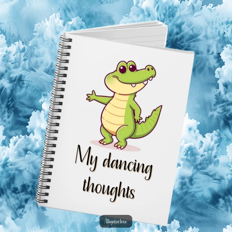 Funny notebook cover featuring a happy alligator dancing with its tail wagging, perfect for jotting down creative ideas.