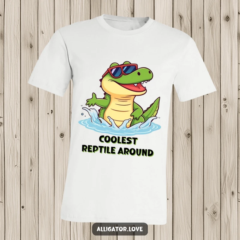 Funny alligator in sunglasses splashing playfully, designed for a cool and humorous t-shirt gift.