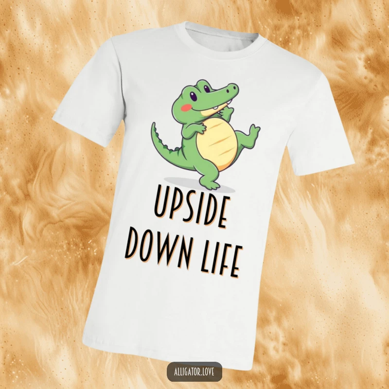 Funny alligator t-shirt depicting a cute reptile doing a joyful cartwheel with a beaming, happy smile.