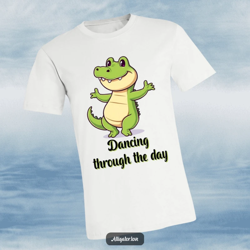 Funny alligator t-shirt depicting a cheerful reptile with a wide, happy grin doing a lively dance.