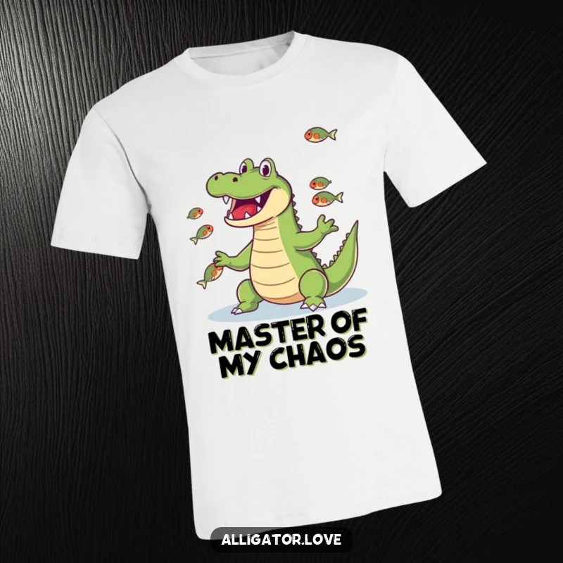 Funny alligator juggling fish with its snout, a humorous t-shirt highlighting talent.