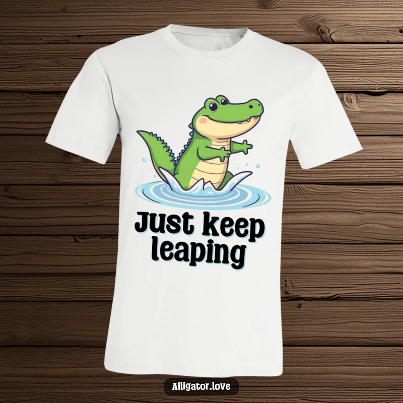 Funny t-shirt showcasing a joyful alligator in a dynamic leap out of the water, smiling and exuding pure happiness.