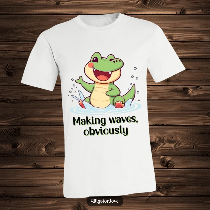 Funny alligator t-shirt depicting a joyful reptile gleefully splashing water with an infectious smile and exuberance.