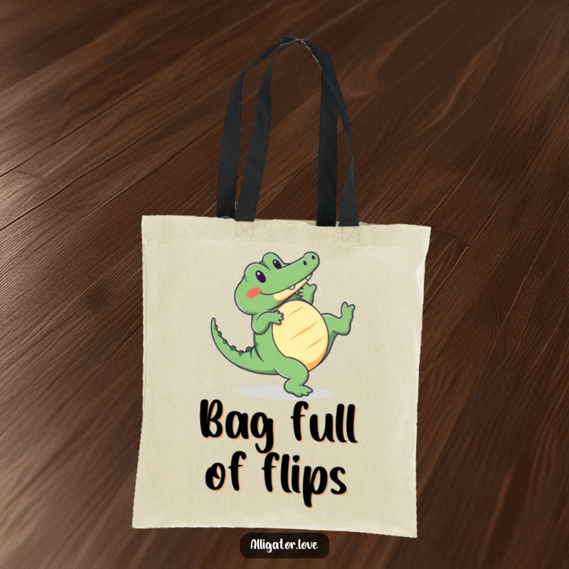 Funny alligator tote bag showing a cute reptile doing a cartwheel with a happy, infectious smile.