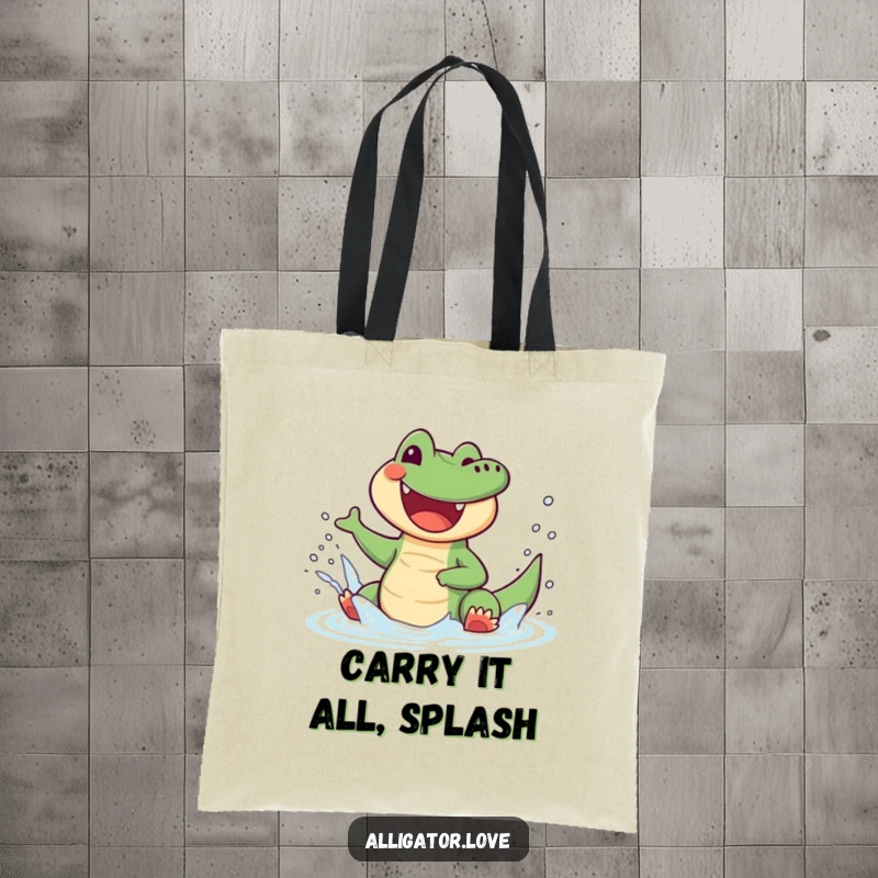 Funny alligator tote bag showing a joyful reptile splashing water with glee and a happy, excited expression.